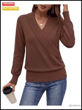 V-Neck Long Sleeve Knit Pullover Sweater Ribbed Trim